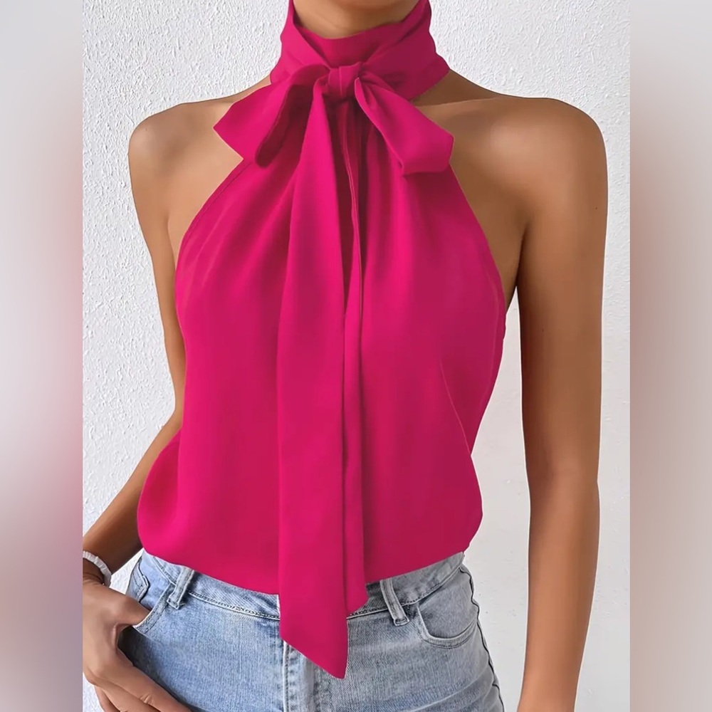 Pink Plus Size Halter Top Blouse - Sleek and Chic Sleeveless Exuding Elegance